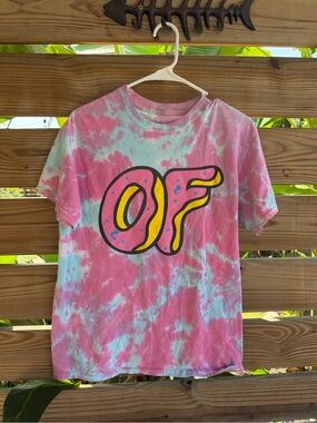 Odd Future Pink and Light Blue Tie-Dye Short Sleeve Tee with Yellow Logo